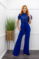 Lace Ruffle Short Sleeve Belted Blue Jumpsuit-Jumpsuit-Moda Fina Boutique