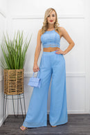 Lace Tie Back Chiffon Top Wide Blue Pant Set-Set-Moda Fina Boutique