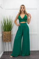 Lace Trim Crop Top Green Pant Set-Set-Moda Fina Boutique