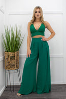 Lace Trim Crop Top Green Pant Set-Set-Moda Fina Boutique