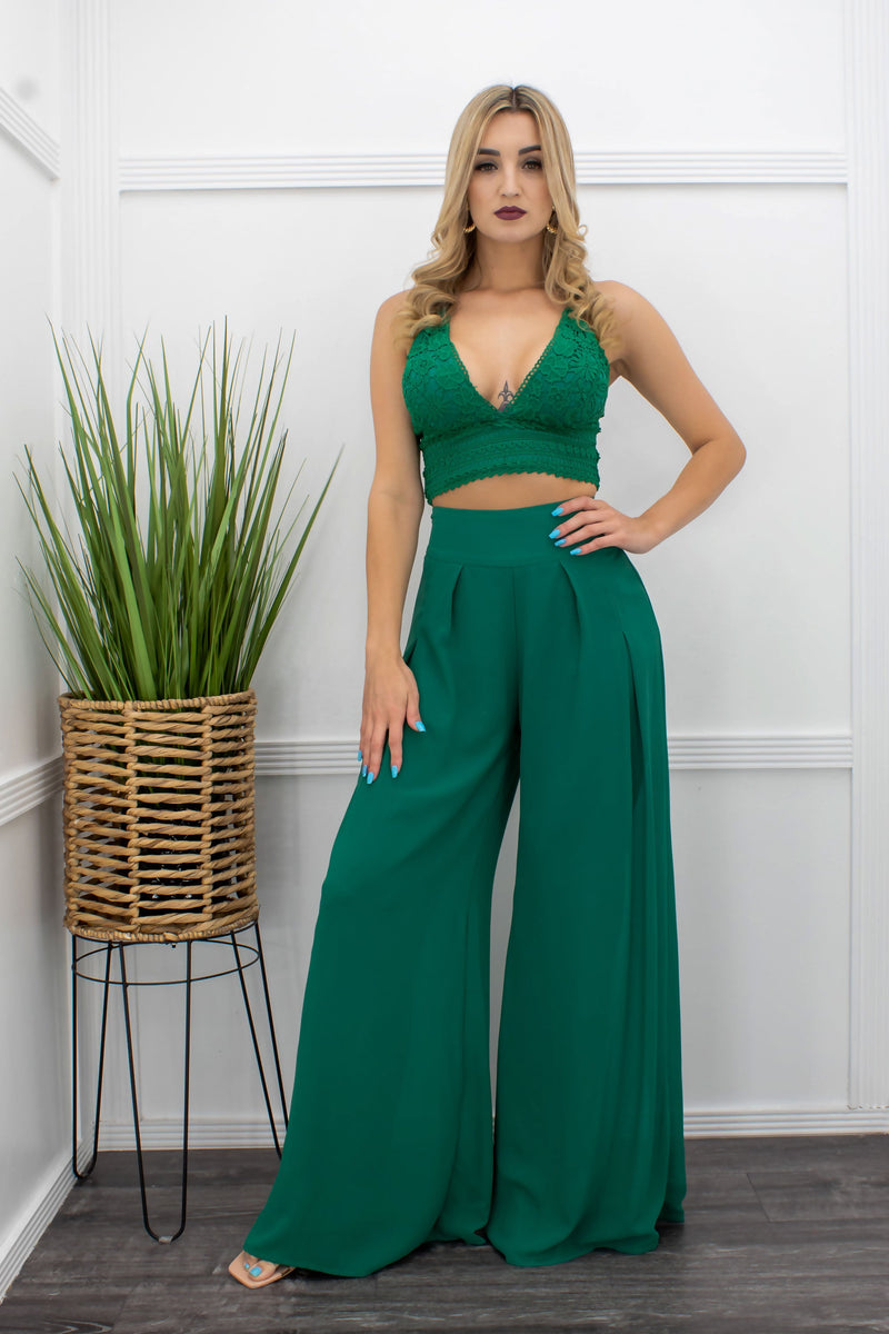 Lace Trim Crop Top Green Pant Set-Set-Moda Fina Boutique