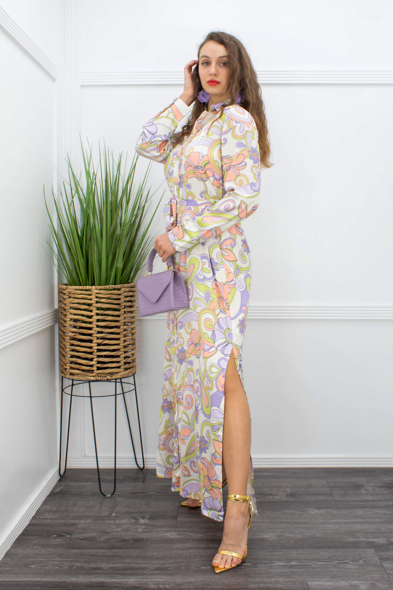 Long Sleeve Belted Slit Maxi Dress-Maxi Dress-Moda Fina Boutique
