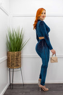 Long Sleeve Crop Top Blue Pant Set-Set-Moda Fina Boutique