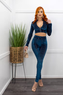 Long Sleeve Crop Top Blue Pant Set-Set-Moda Fina Boutique