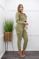 Long Sleeve Front Zipper Top Green Pant Set-Set-Moda Fina Boutique