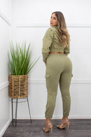 Long Sleeve Front Zipper Top Green Pant Set-Set-Moda Fina Boutique