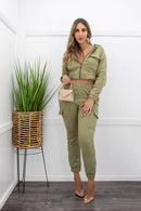Long Sleeve Front Zipper Top Green Pant Set-Set-Moda Fina Boutique