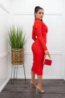 Long Sleeve V Neck Bandage Midi Dress-Midi Dress-Moda Fina Boutique