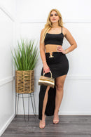 O Ring Crop Top Slit Maxi Skirt Set Black-Set-Moda Fina Boutique