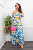 Off Shoulder Leaf Print Top Maxi Skirt Set-Set-Moda Fina Boutique