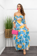 Off Shoulder Leaf Print Top Maxi Skirt Set-Set-Moda Fina Boutique