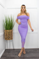 Off Shoulder Ruched Mesh Lilac Midi Dress-Midi Dress-Moda Fina Boutique
