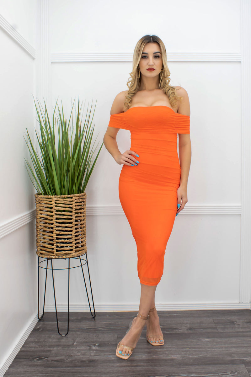 Off Shoulder Ruched Mesh Orange Midi Dress-Midi Dress-Moda Fina Boutique