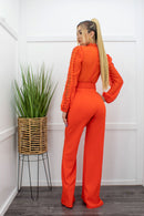 Orange Long Sleeve Belted Wide Leg Jumpsuit-Jumpsuit-Moda Fina Boutique