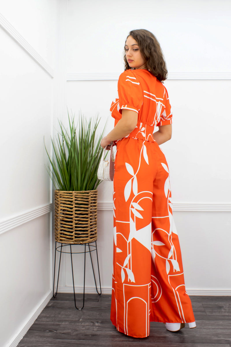 Orange Satin Short Sleeve Top Pant Set-Set-Moda Fina Boutique