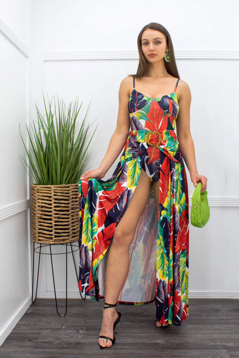 Palm Print Bodysuit Slit Maxi Skirt Set-Set-Moda Fina Boutique