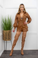 Pu Leather Long Sleeve Camel Romper-Romper-Moda Fina Boutique