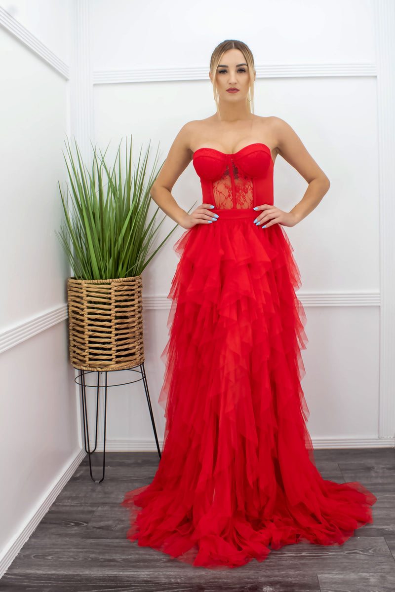 Red Corset Ruffle Maxi Dress-Maxi Dress-Moda Fina Boutique