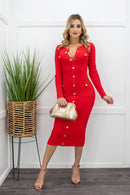 Red Long Sleeve Bodycon Midi Dress-Midi Dress-Moda Fina Boutique