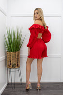 Red Ruffle Off Shoulder Long Sleeve Romper-Romper-Moda Fina Boutique