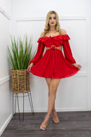 Red Ruffle Off Shoulder Long Sleeve Romper-Romper-Moda Fina Boutique