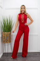 Red Sleeveless Belted Jumpsuit-Jumpsuit-Moda Fina Boutique