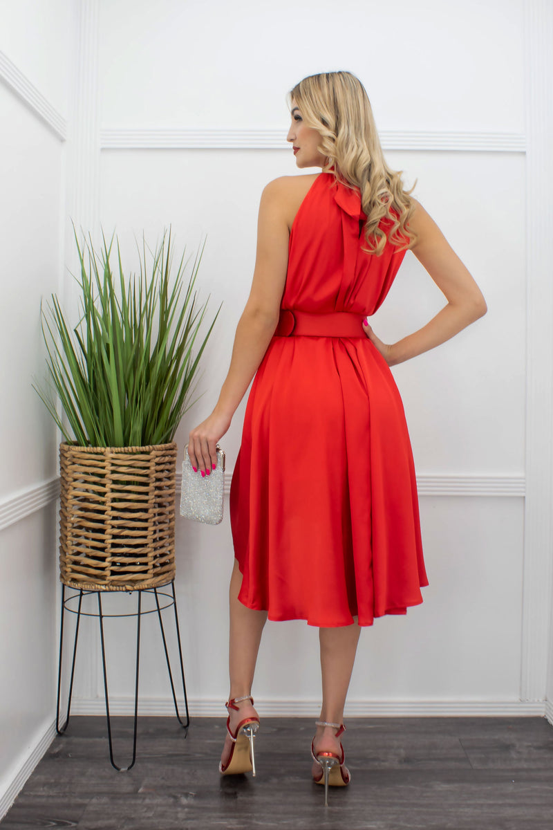 Red Sleeveless Ruffle Belted Midi Dress-Midi Dress-Moda Fina Boutique