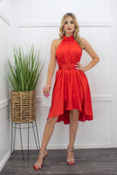 Red Sleeveless Ruffle Belted Midi Dress-Midi Dress-Moda Fina Boutique