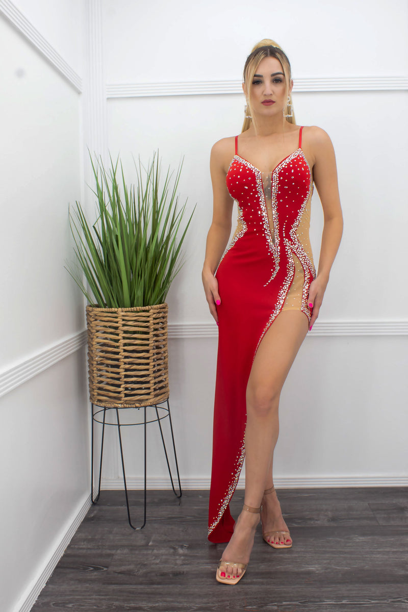 Red Sleeveless With Rhinestone Maxi Dress-Maxi Dress-Moda Fina Boutique