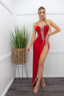Red Sleeveless With Rhinestone Maxi Dress-Maxi Dress-Moda Fina Boutique