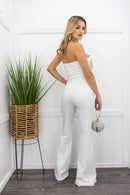 Rhinestone Strapless White Belted Jumpsuit-Jumpsuit-Moda Fina Boutique