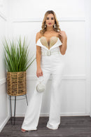 Rhinestone Strapless White Belted Jumpsuit-Jumpsuit-Moda Fina Boutique