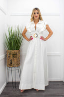 Ruffe Short Sleeve Belted White Maxi Dress-Maxi Dress-Moda Fina Boutique