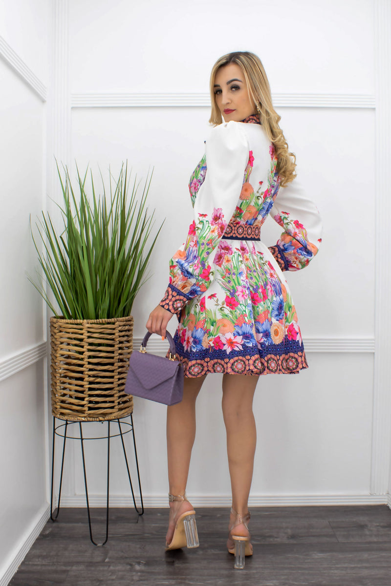 Ruffle Long Sleeve Belted Mini Dress-Mini Dress-Moda Fina Boutique