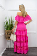 Ruffle Off Shoulder Belted Pink Maxi Dress-Maxi Dress-Moda Fina Boutique