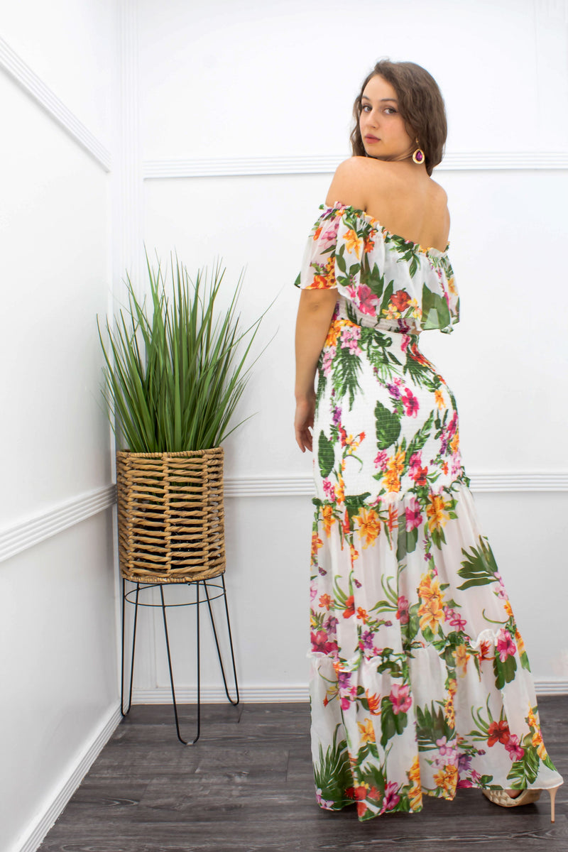 Ruffle Off Shoulder Floral Maxi Dress-Maxi Dress-Moda Fina Boutique