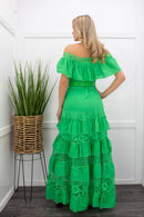 Ruffle Off Shoulder Green Maxi Dress-Maxi Dress-Moda Fina Boutique