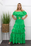 Ruffle Off Shoulder Green Maxi Dress-Maxi Dress-Moda Fina Boutique