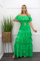 Ruffle Off Shoulder Green Maxi Dress-Maxi Dress-Moda Fina Boutique