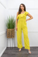 Ruffle One Shoulder Belted Jumpsuit-Jumpsuit-Moda Fina Boutique