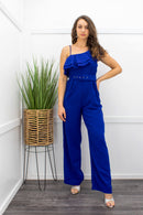 Ruffle One Shoulder Blue Belted Jumpsuit-Jumpsuit-Moda Fina Boutique