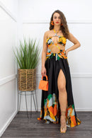 Ruffle Tie Back Slit Yellow Maxi Dress Black-Maxi Dress-Moda Fina Boutique