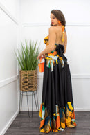 Ruffle Tie Back Slit Yellow Maxi Dress Black-Maxi Dress-Moda Fina Boutique