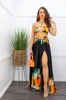Ruffle Tie Back Slit Yellow Maxi Dress Black-Maxi Dress-Moda Fina Boutique