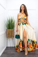 Ruffle Tie Back Slit Yellow Maxi Dress-Maxi Dress-Moda Fina Boutique