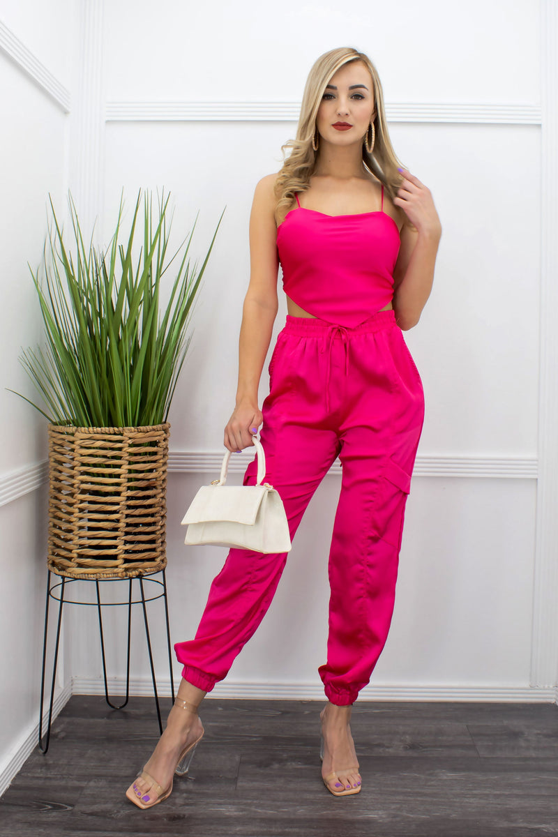 Sandra Satin Tie Back Top Pink Pant Set-Set-Moda Fina Boutique
