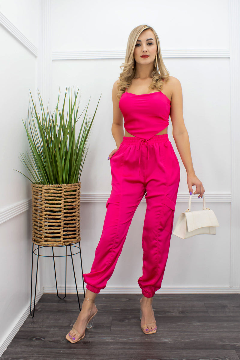 Sandra Satin Tie Back Top Pink Pant Set-Set-Moda Fina Boutique