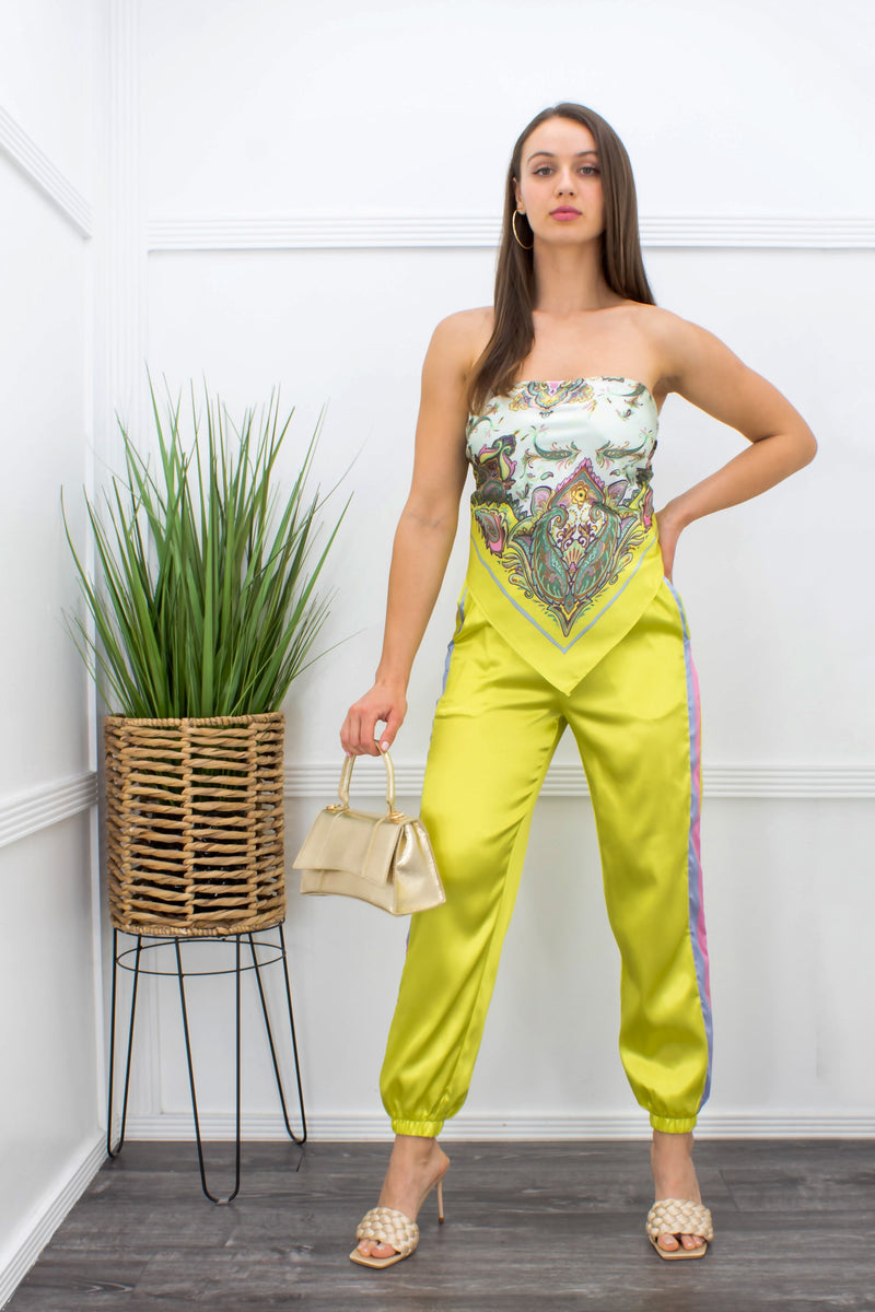 Satin Crop Top Pant Set Lime-Set-Moda Fina Boutique