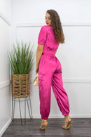Satin Front Zipper Top Pant Set Pink-Set-Moda Fina Boutique