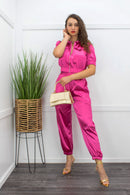 Satin Front Zipper Top Pant Set Pink-Set-Moda Fina Boutique